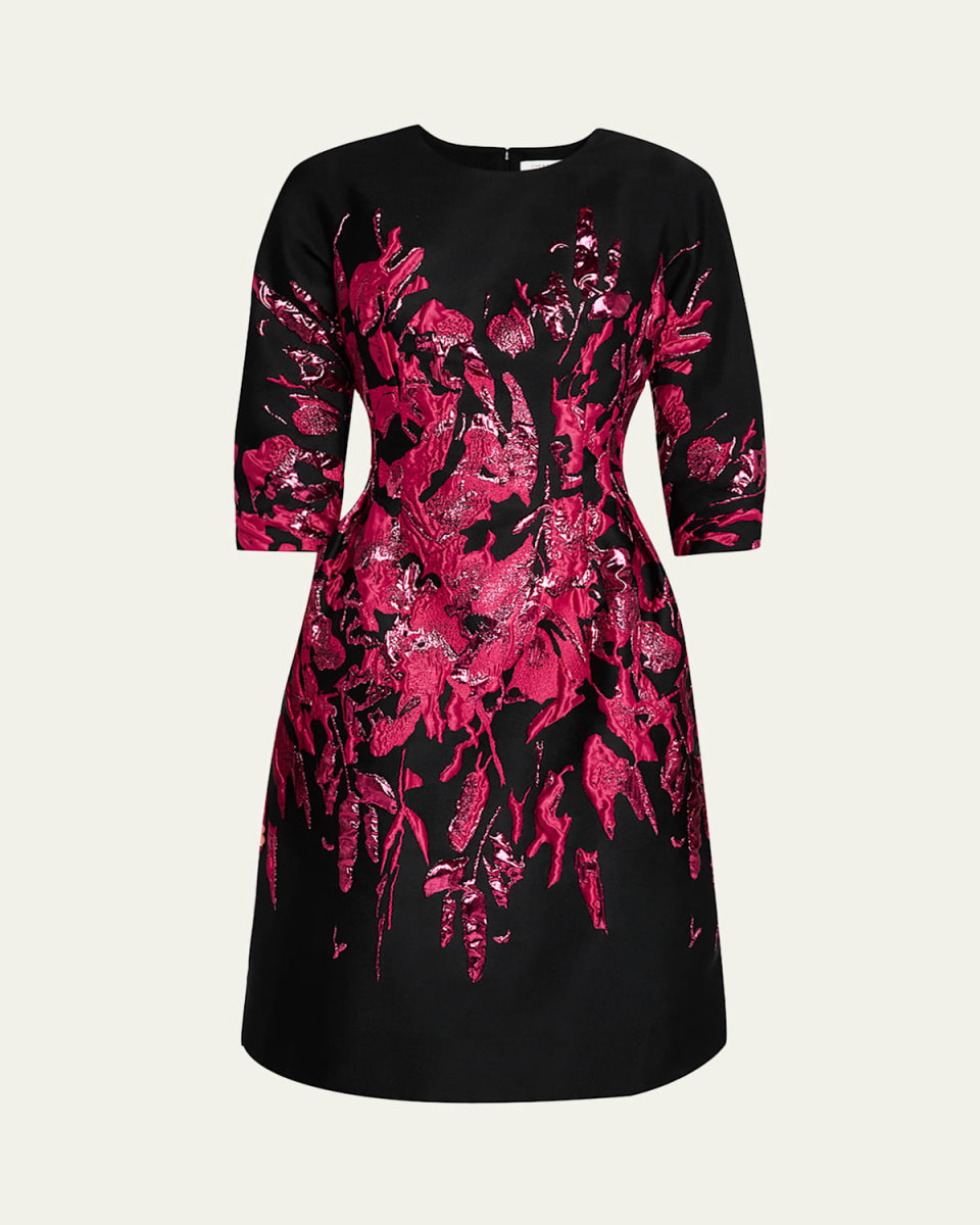 3/4-Sleeve Border Metallic Jacquard Dress